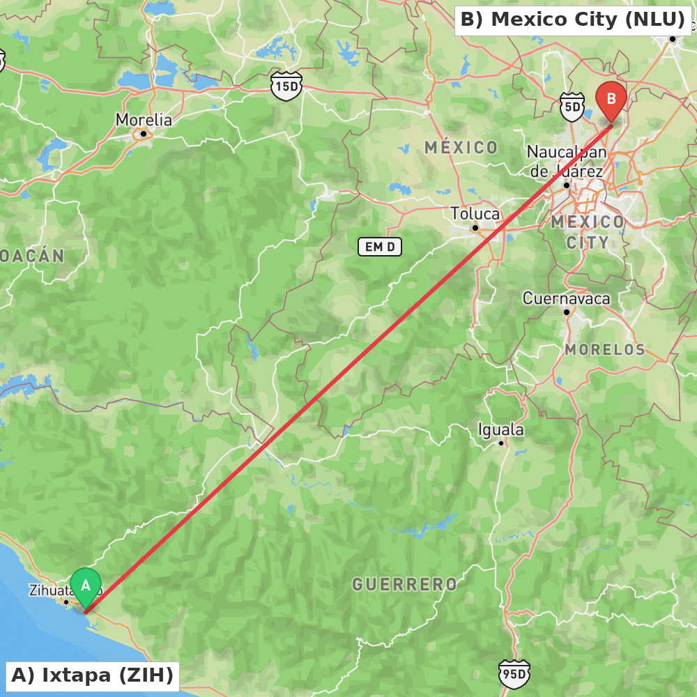 Flight route map from Ixtapa to Mexico City
