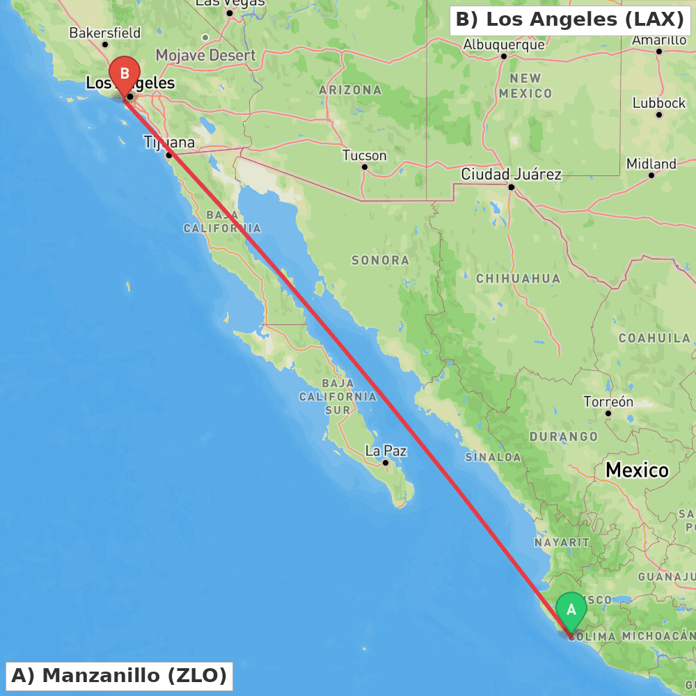Flight route map from Manzanillo to Los Angeles