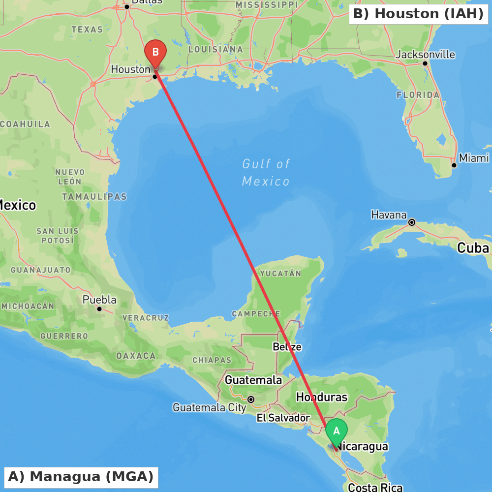 Flight route map from Managua to Houston