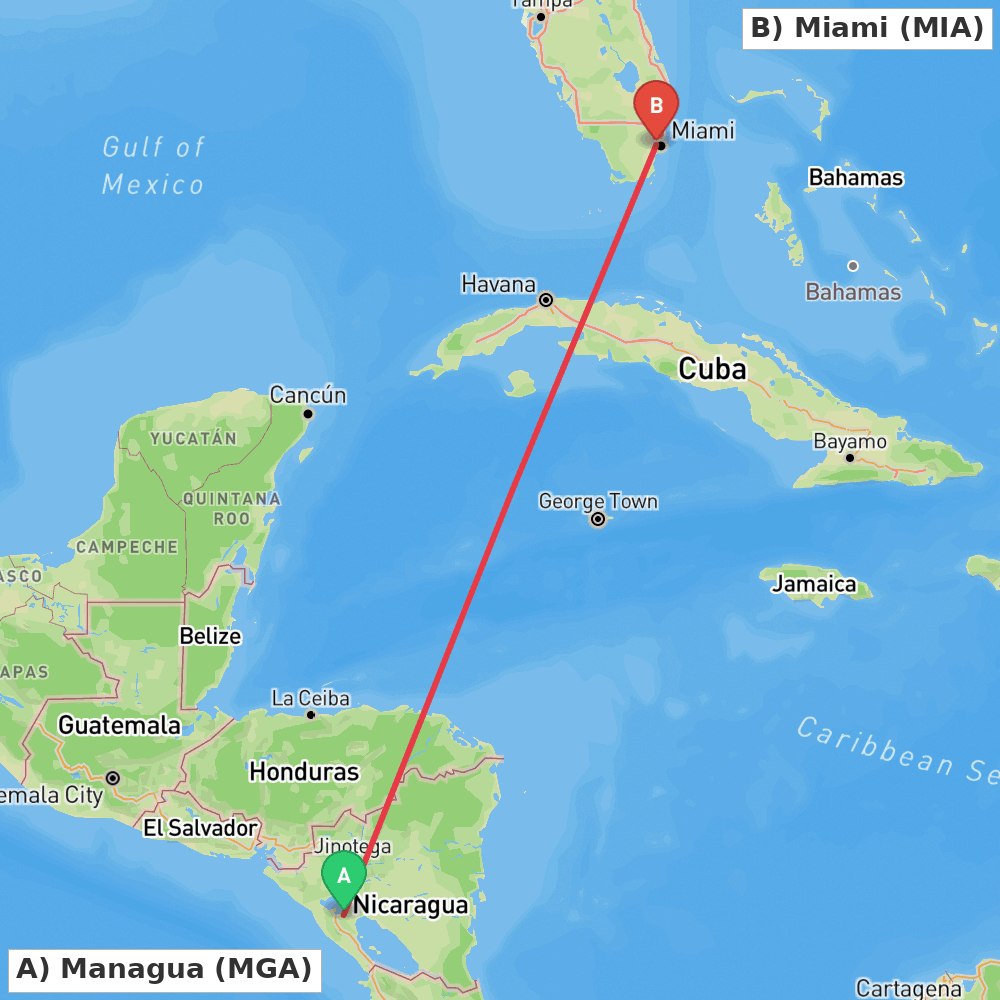 Flight route map from Managua to Miami