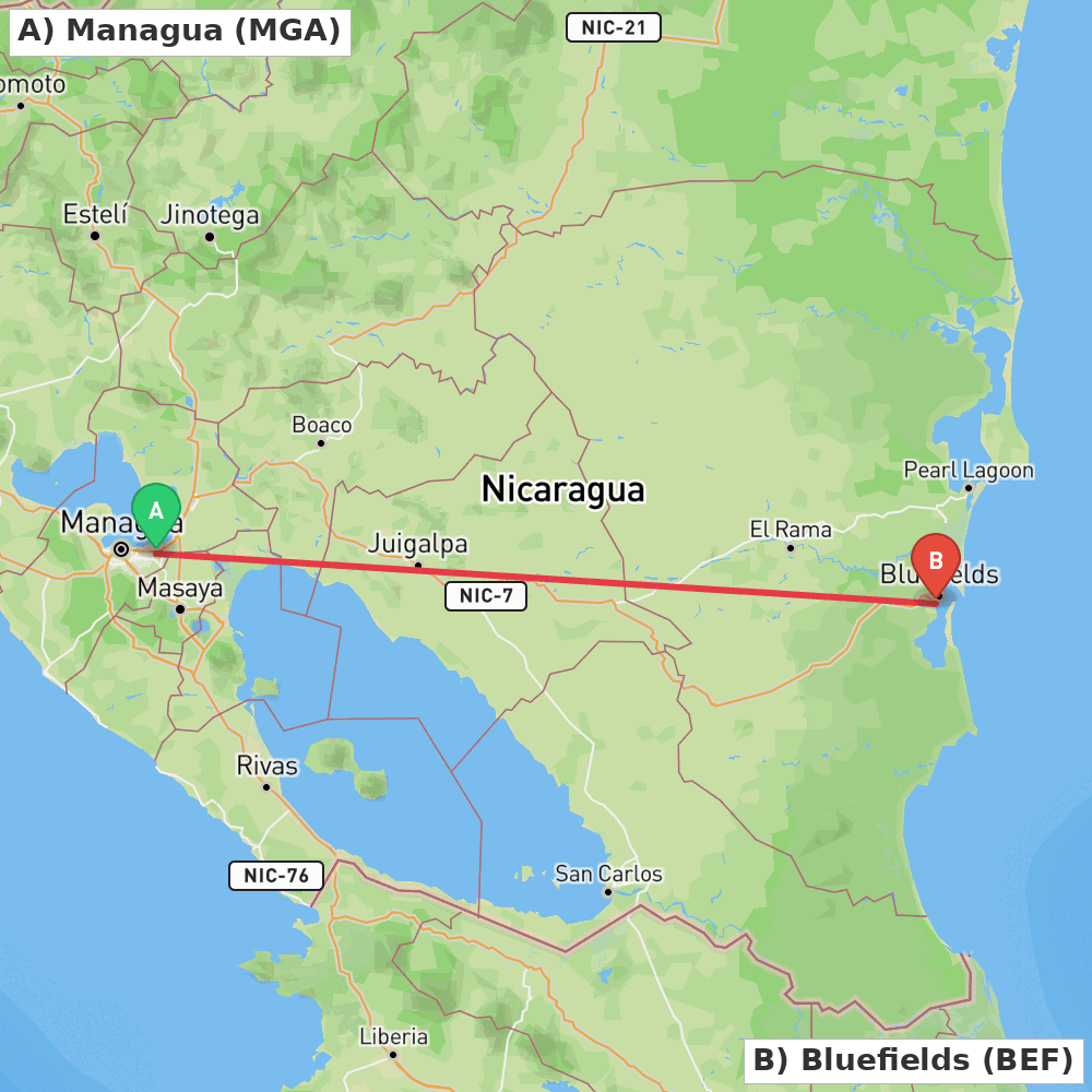 Flight route map from Managua to Bluefields