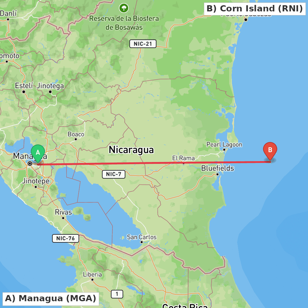 Flight route map from Managua to Corn Island
