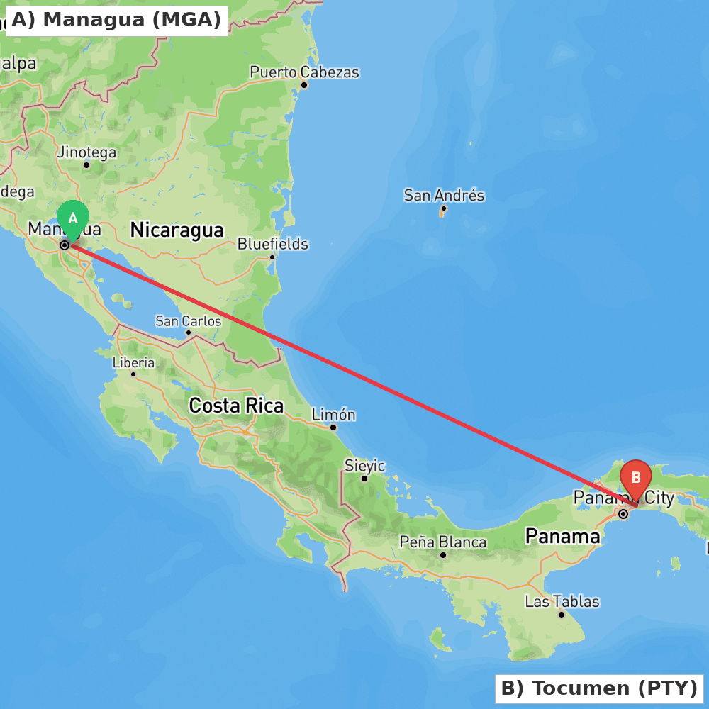 Flight route map from Managua to Tocumen