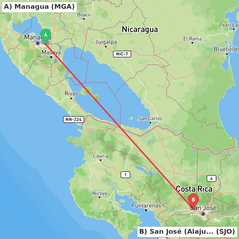 Flight route map from Managua to San José (Alajuela)