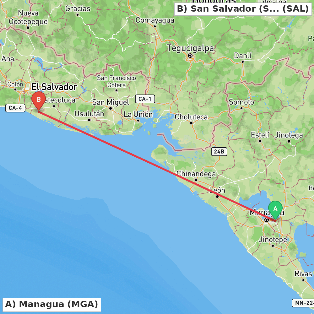 Flight route map from Managua to San Salvador (San Luis Talpa)
