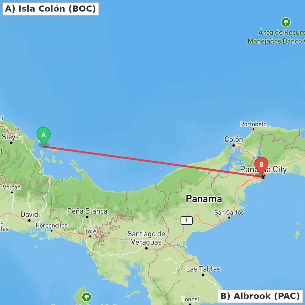 Flight route map from Isla Colón to Albrook
