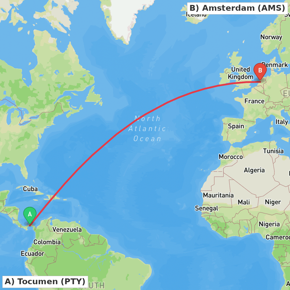 Flight route map from Tocumen to Amsterdam