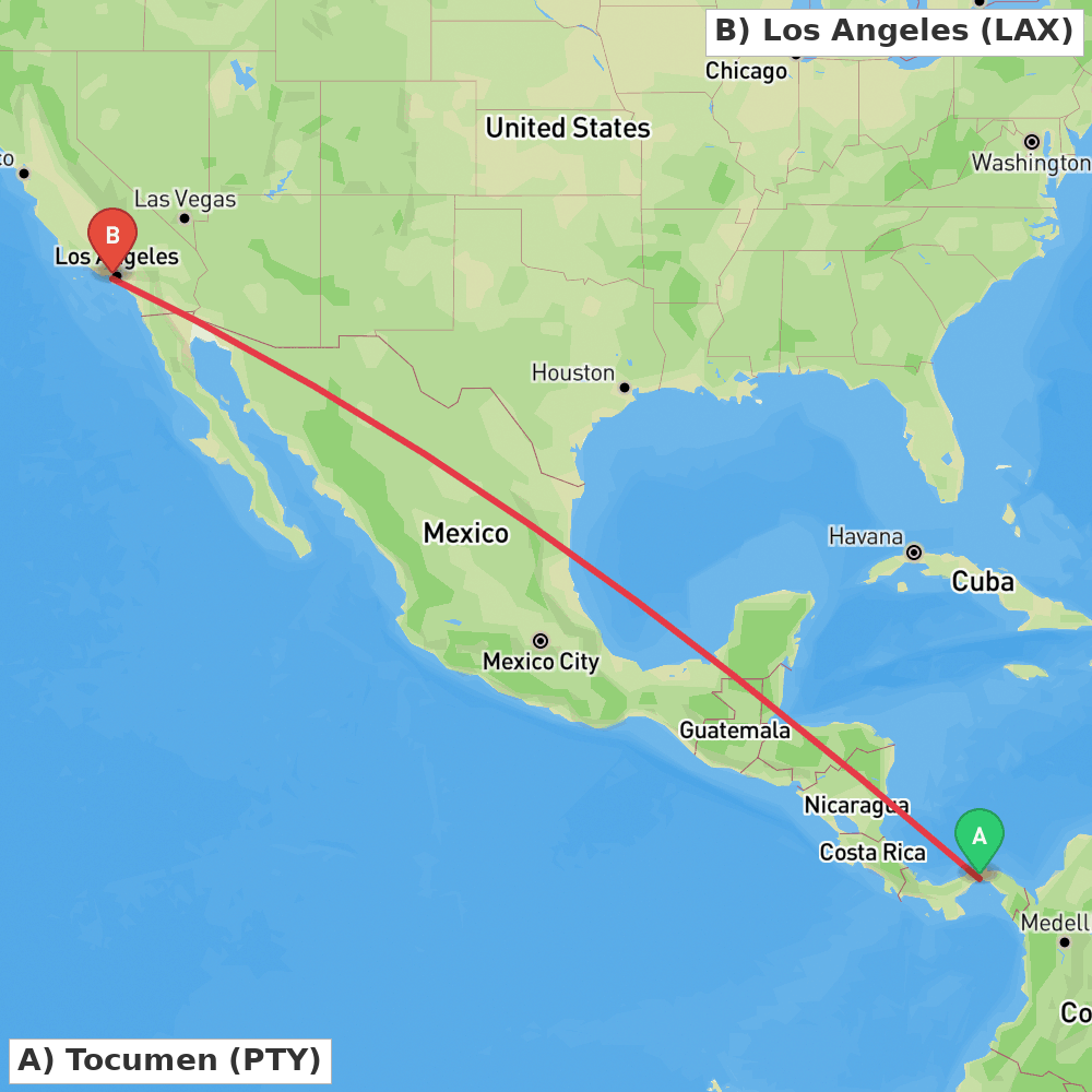 Flight route map from Tocumen to Los Angeles
