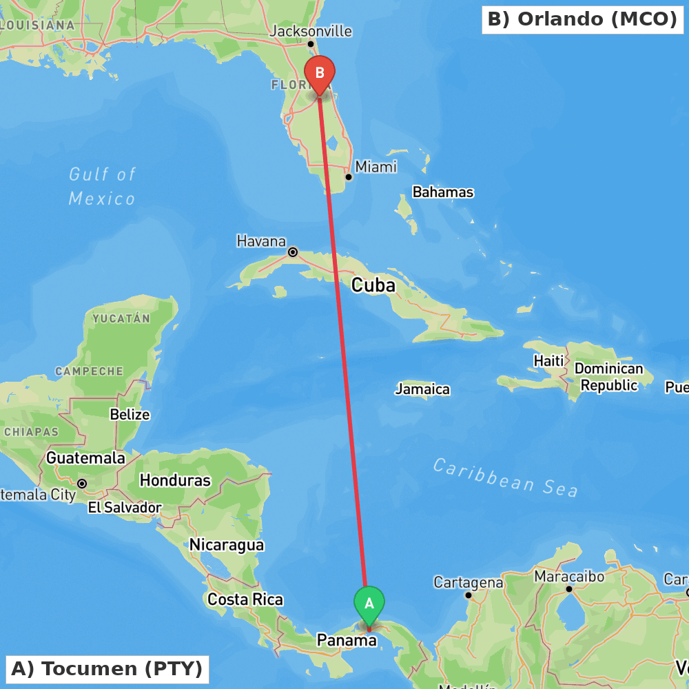 Flight route map from Tocumen to Orlando