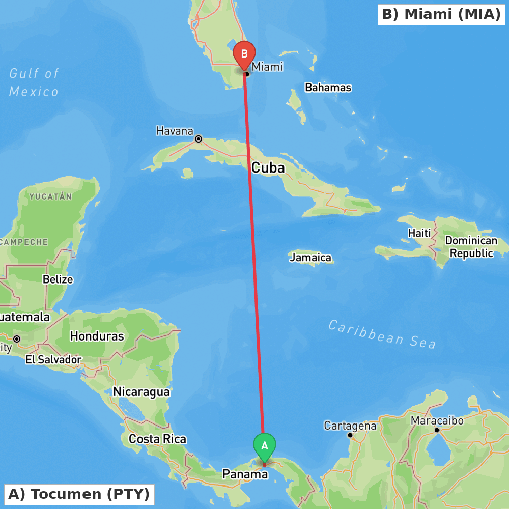 Flight route map from Tocumen to Miami