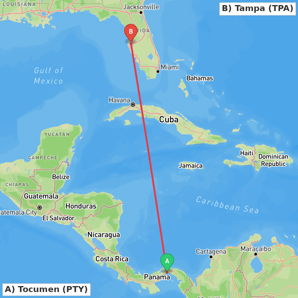 Flight route map from Tocumen to Tampa