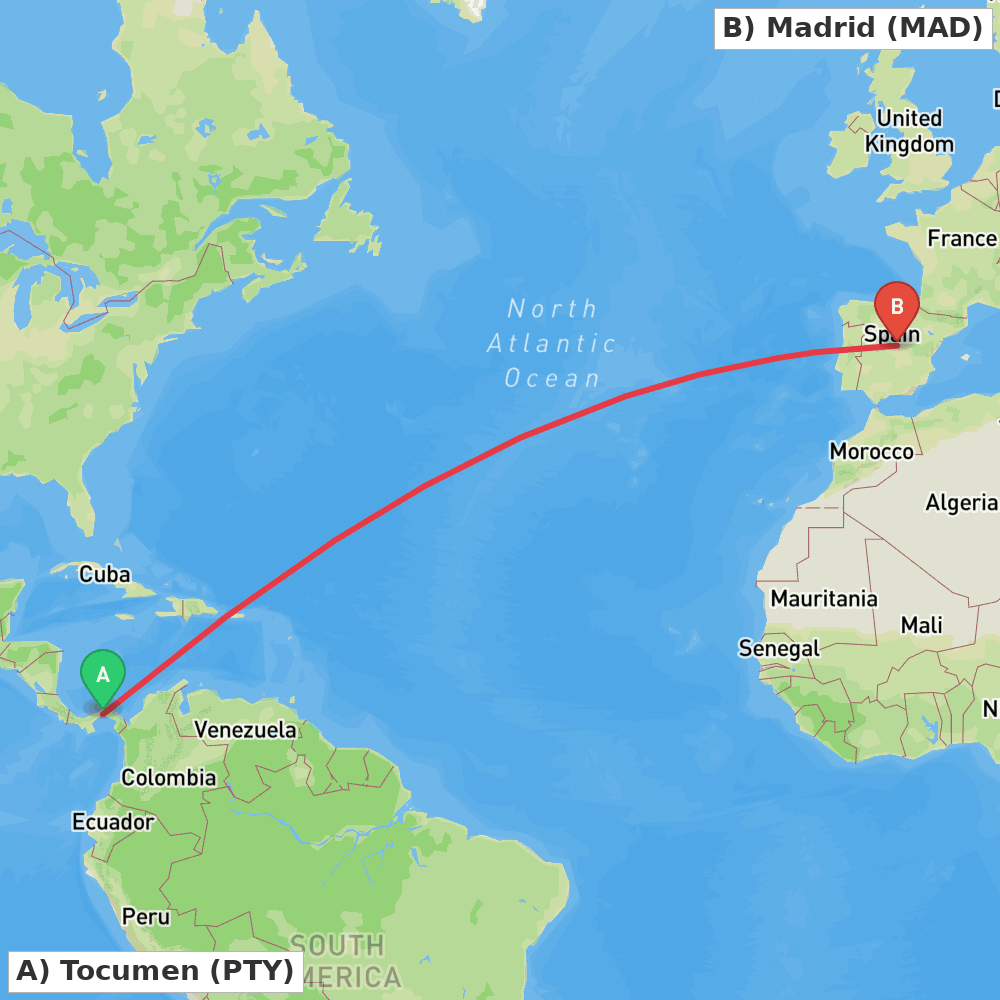 Flight route map from Tocumen to Madrid