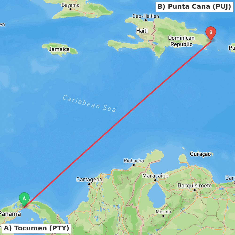 Flight route map from Tocumen to Punta Cana