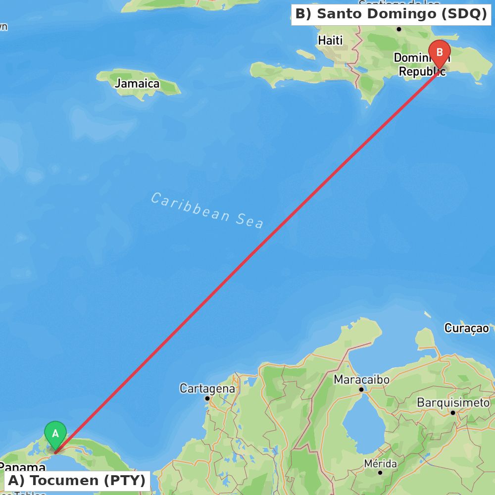 Flight route map from Tocumen to Santo Domingo