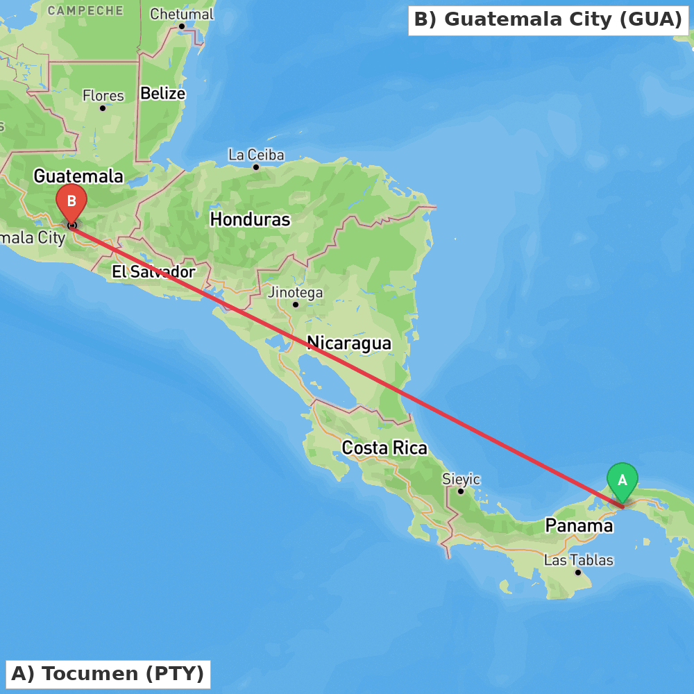 Flight route map from Tocumen to Guatemala City