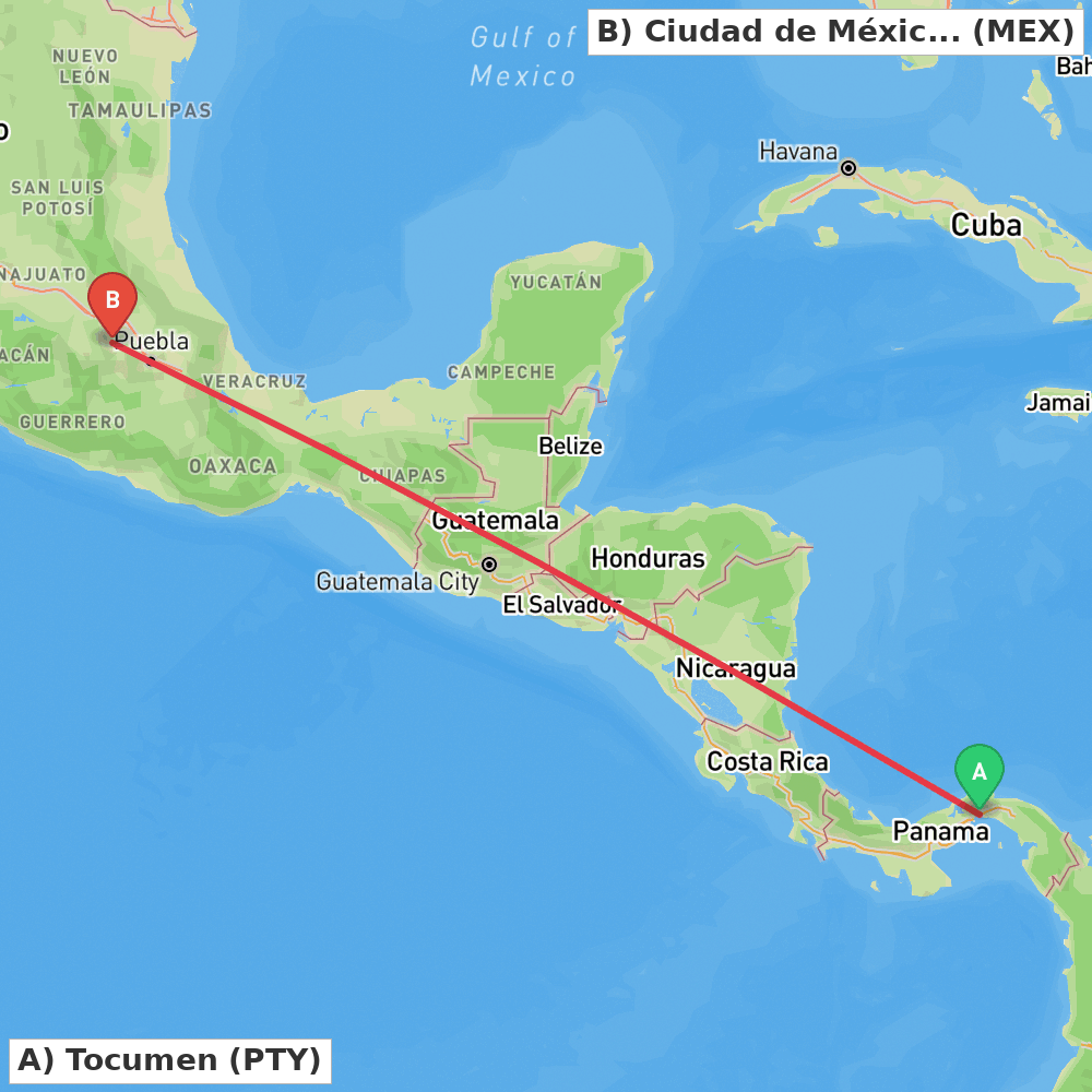 Flight route map from Tocumen to Ciudad de México