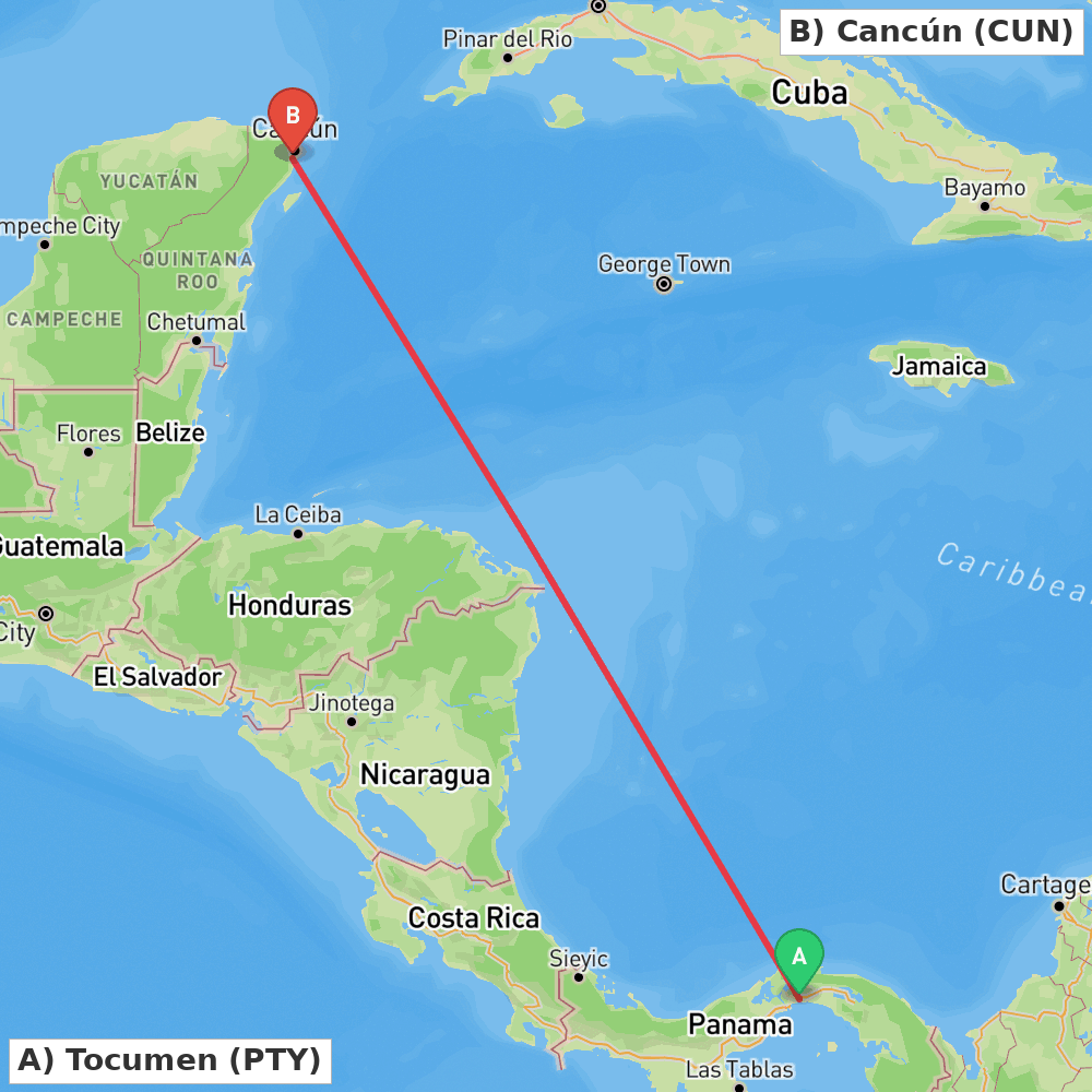 Flight route map from Tocumen to Cancún