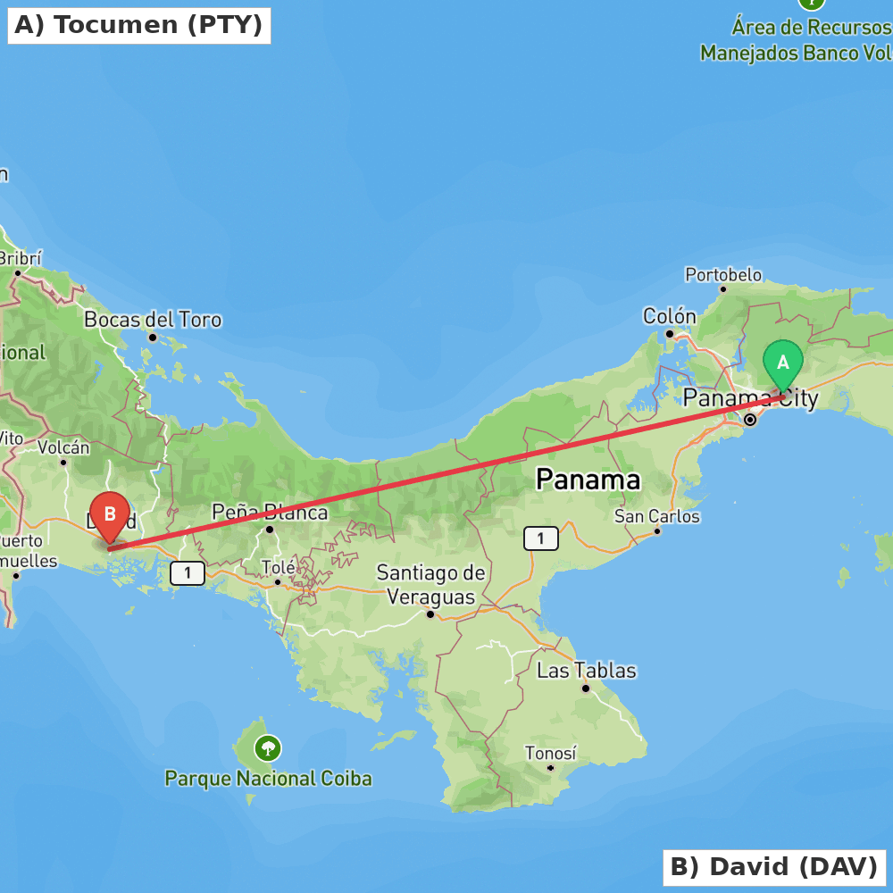 Flight route map from Tocumen to David