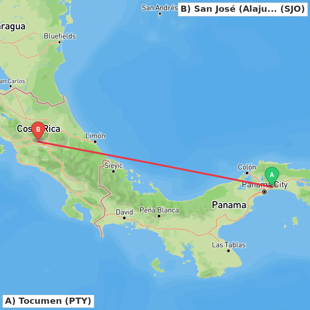 Flight route map from Tocumen to San José (Alajuela)