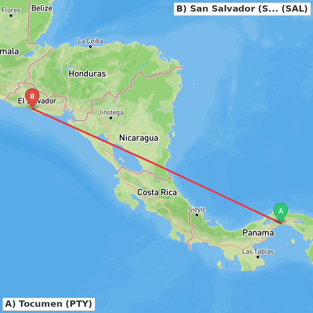 Flight route map from Tocumen to San Salvador (San Luis Talpa)