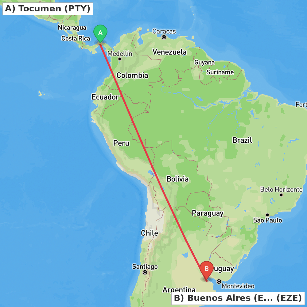 Flight route map from Tocumen to Buenos Aires (Ezeiza)