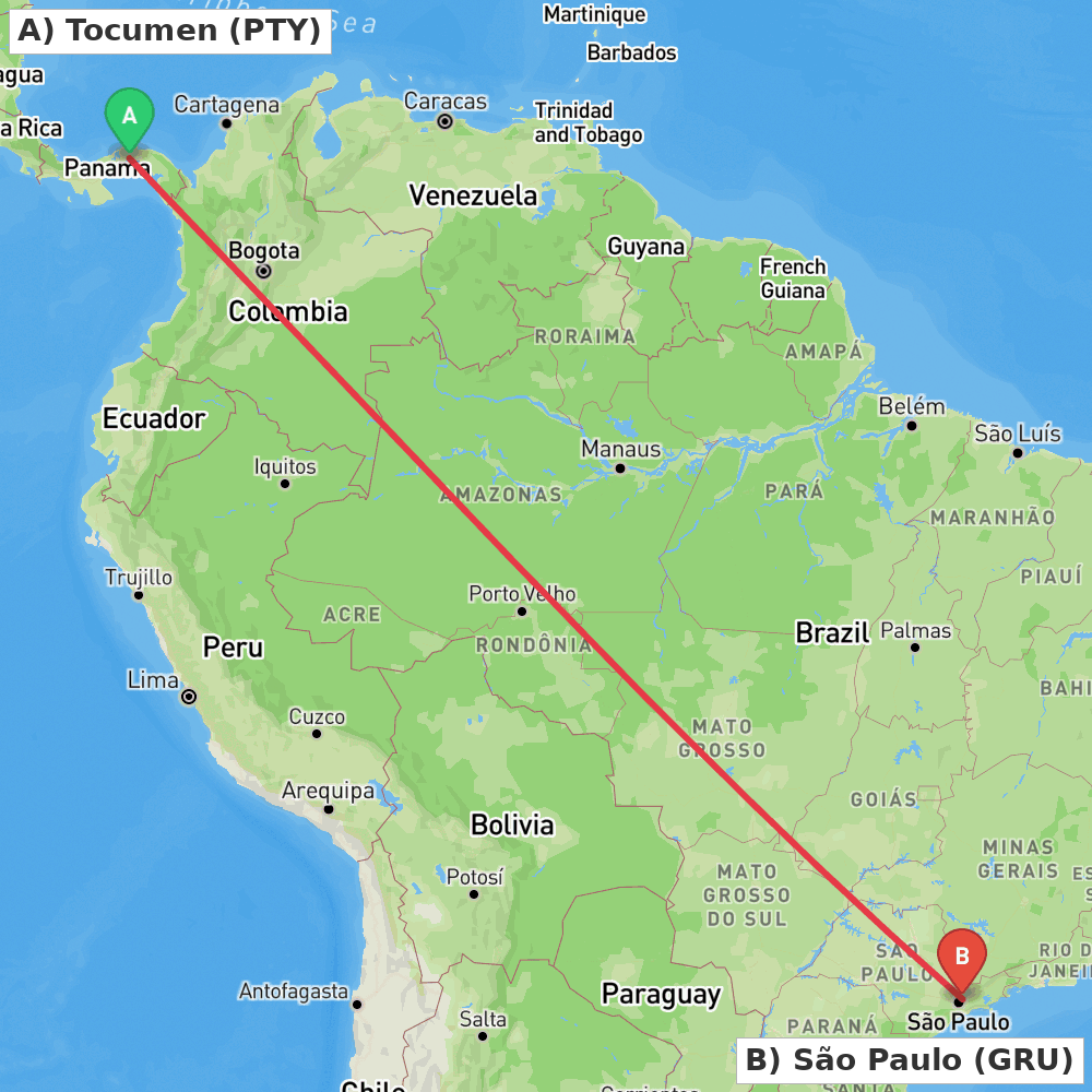 Flight route map from Tocumen to São Paulo