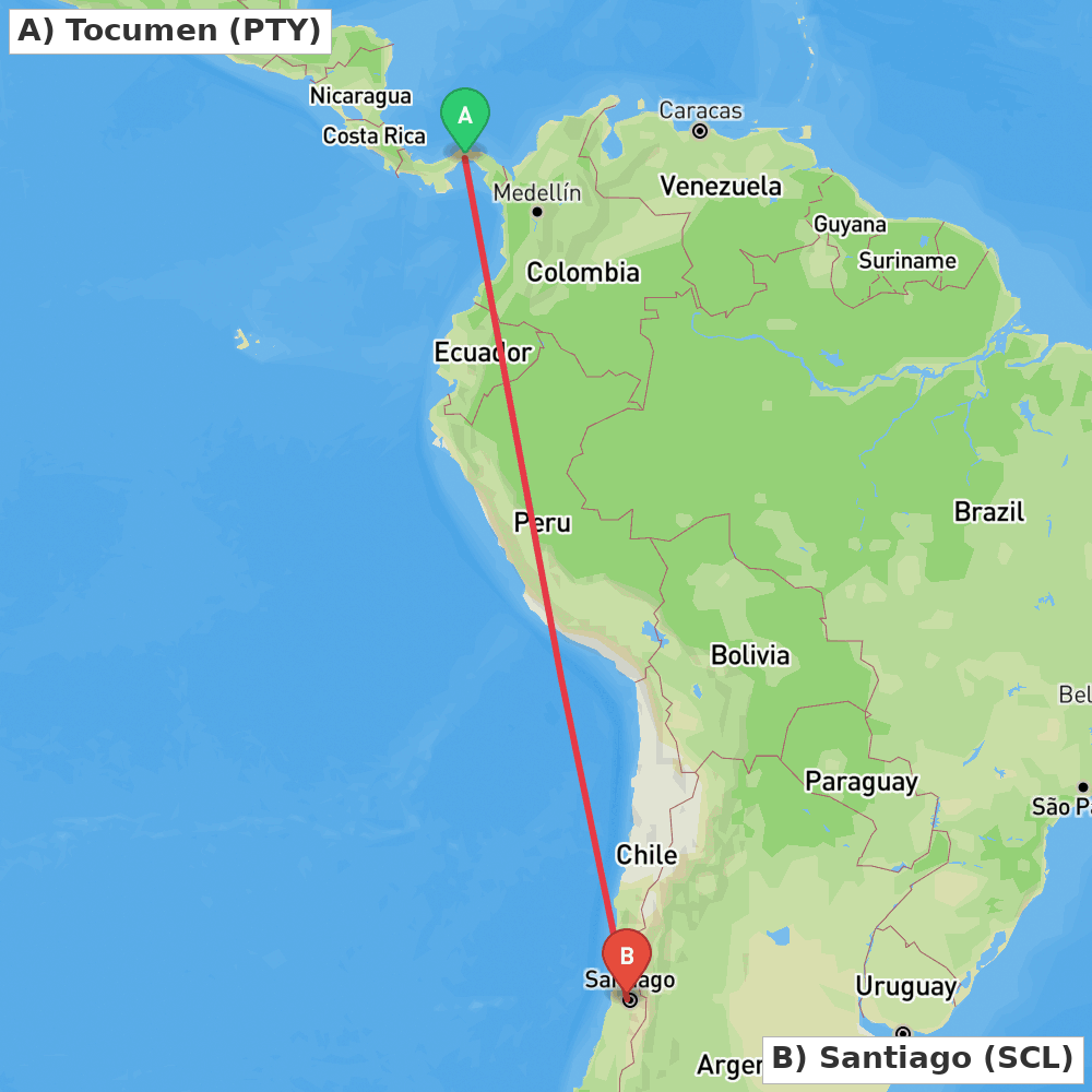 Flight route map from Tocumen to Santiago