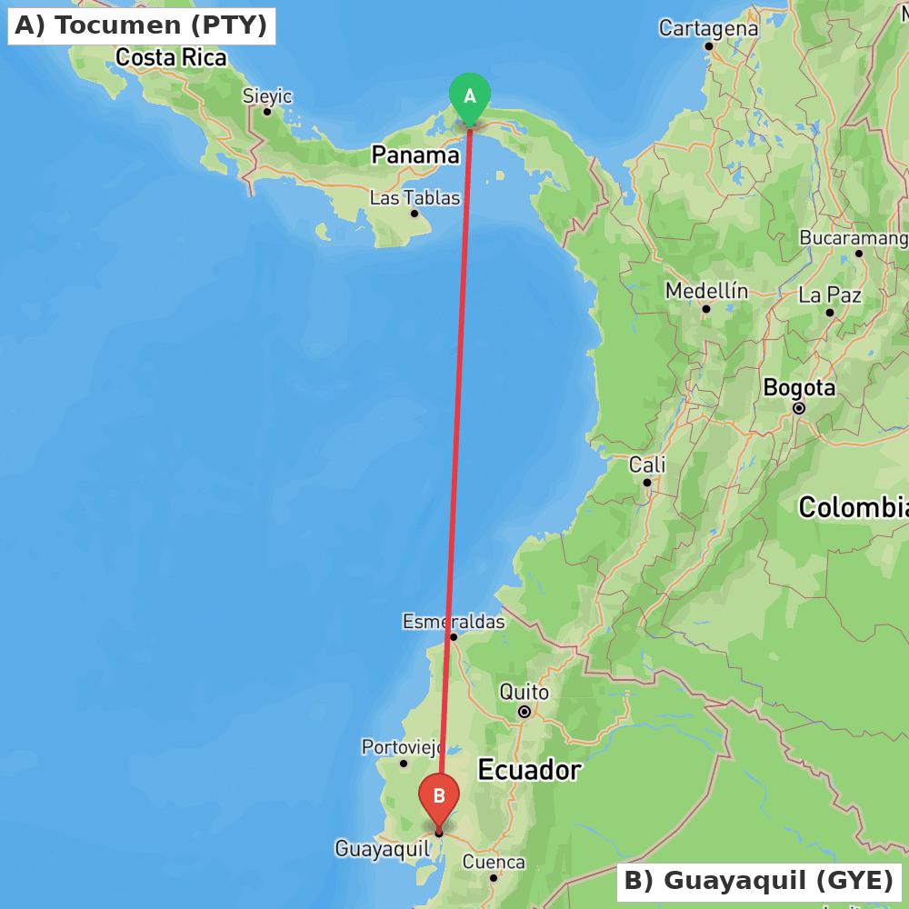 Flight route map from Tocumen to Guayaquil