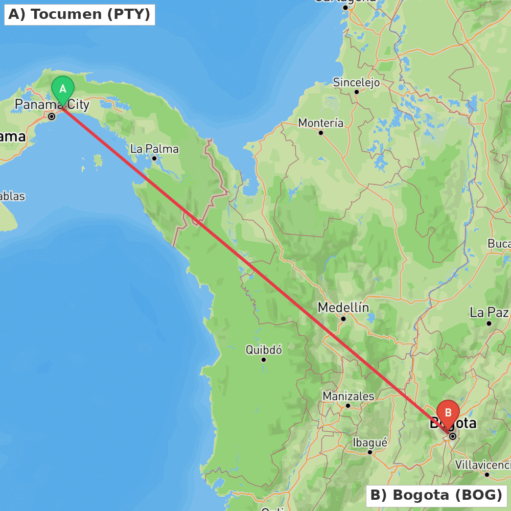 Flight route map from Tocumen to Bogota