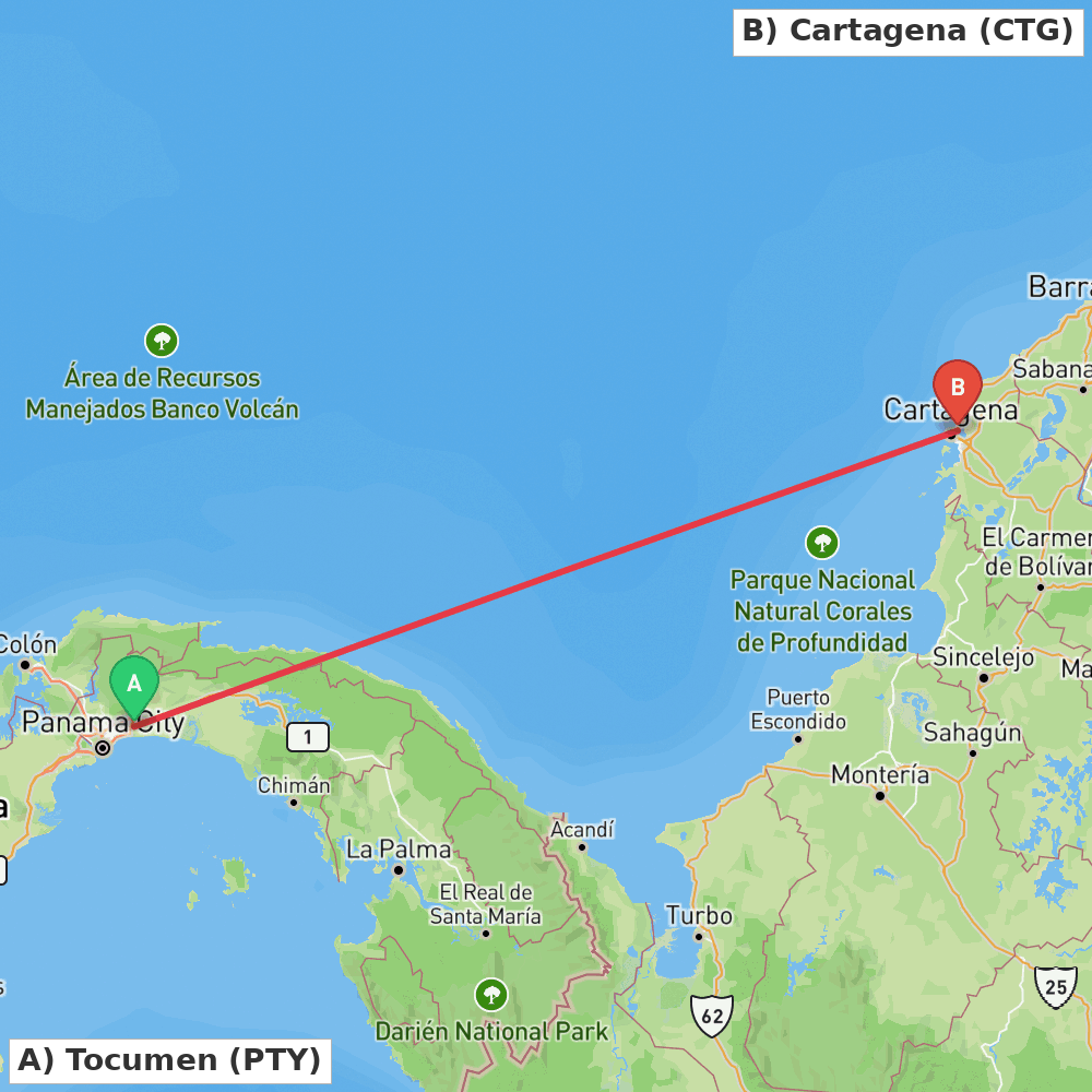 Flight route map from Tocumen to Cartagena
