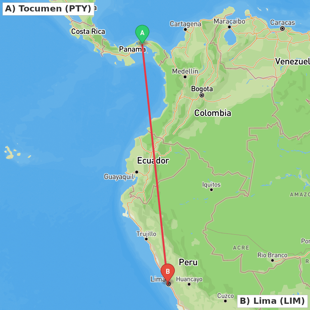 Flight route map from Tocumen to Lima