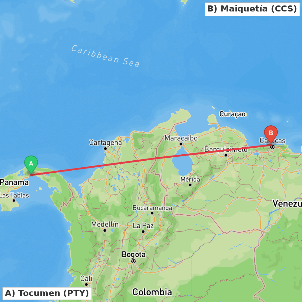 Flight route map from Tocumen to Maiquetía