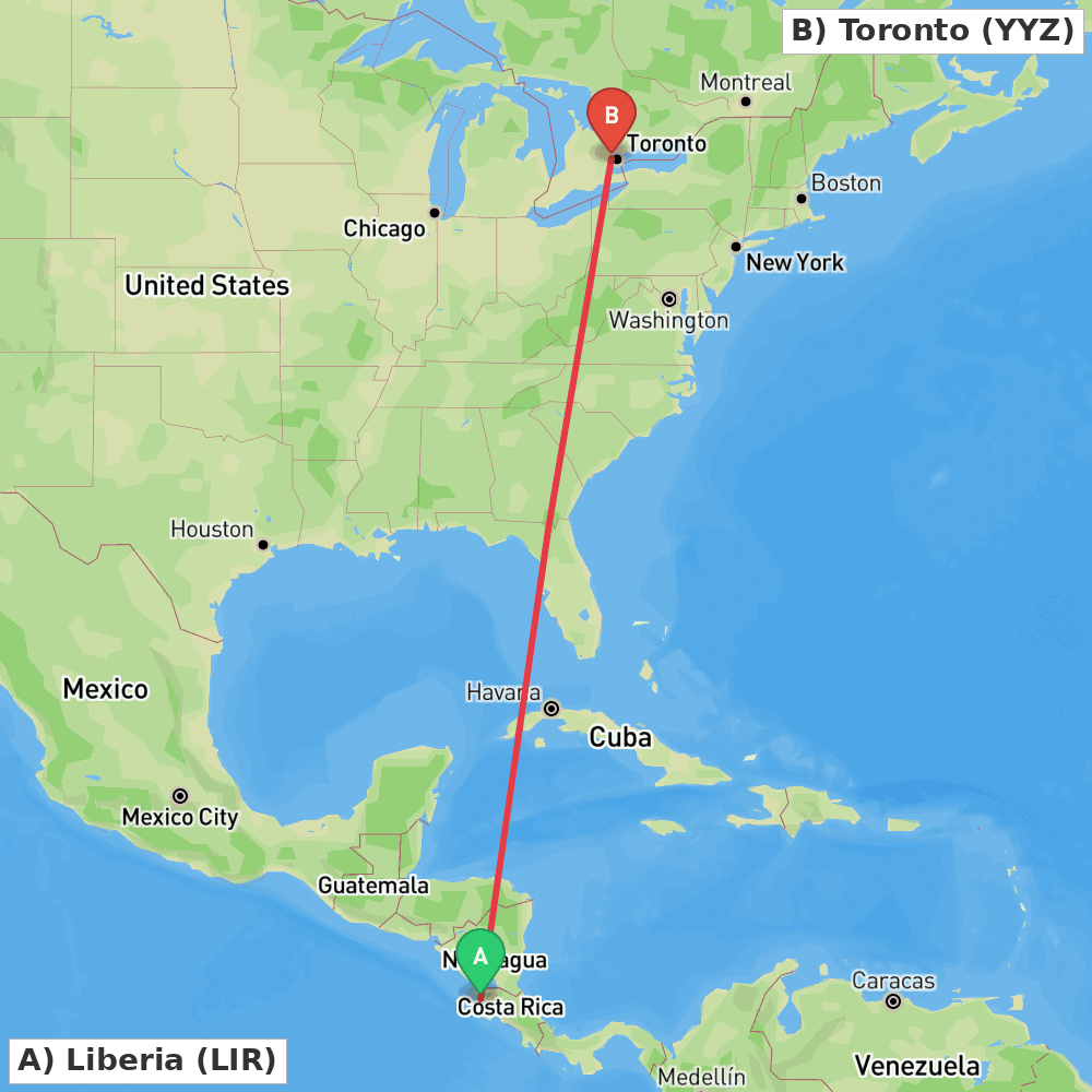 Flight route map from Liberia to Toronto