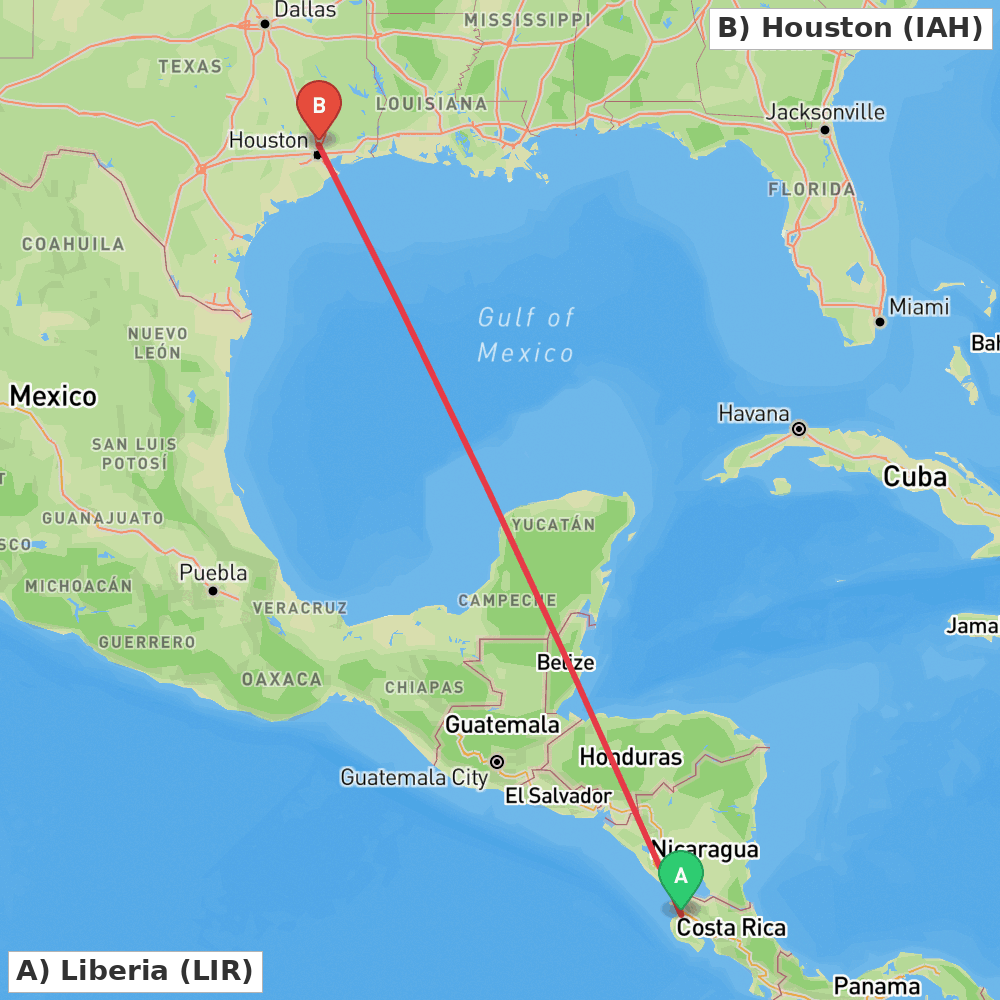 Flight route map from Liberia to Houston