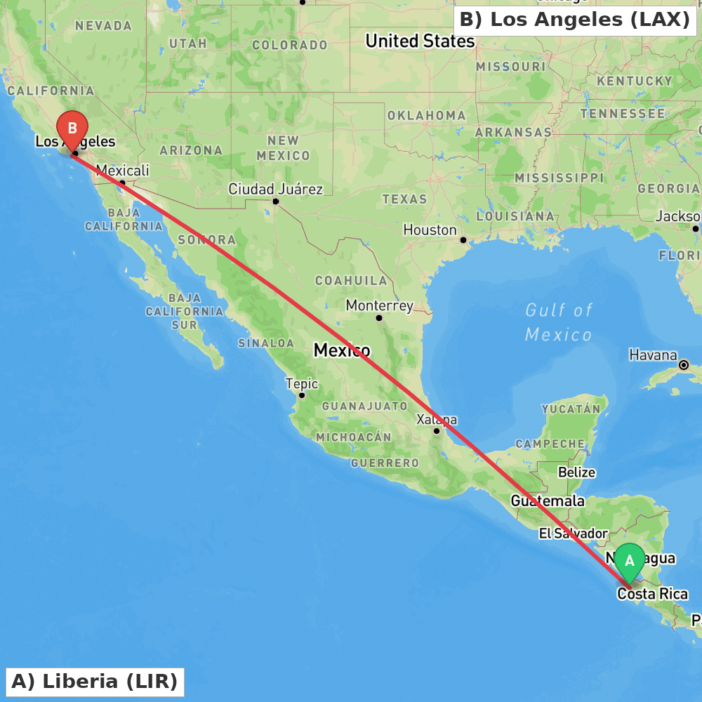 Flight route map from Liberia to Los Angeles