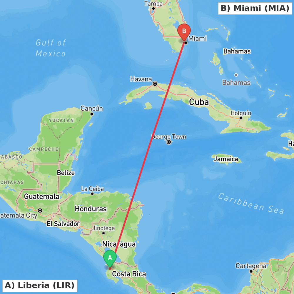 Flight route map from Liberia to Miami