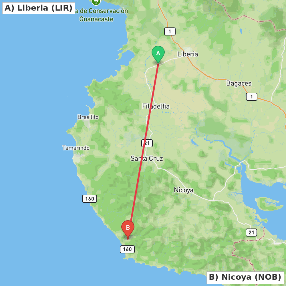 Flight route map from Liberia to Nicoya