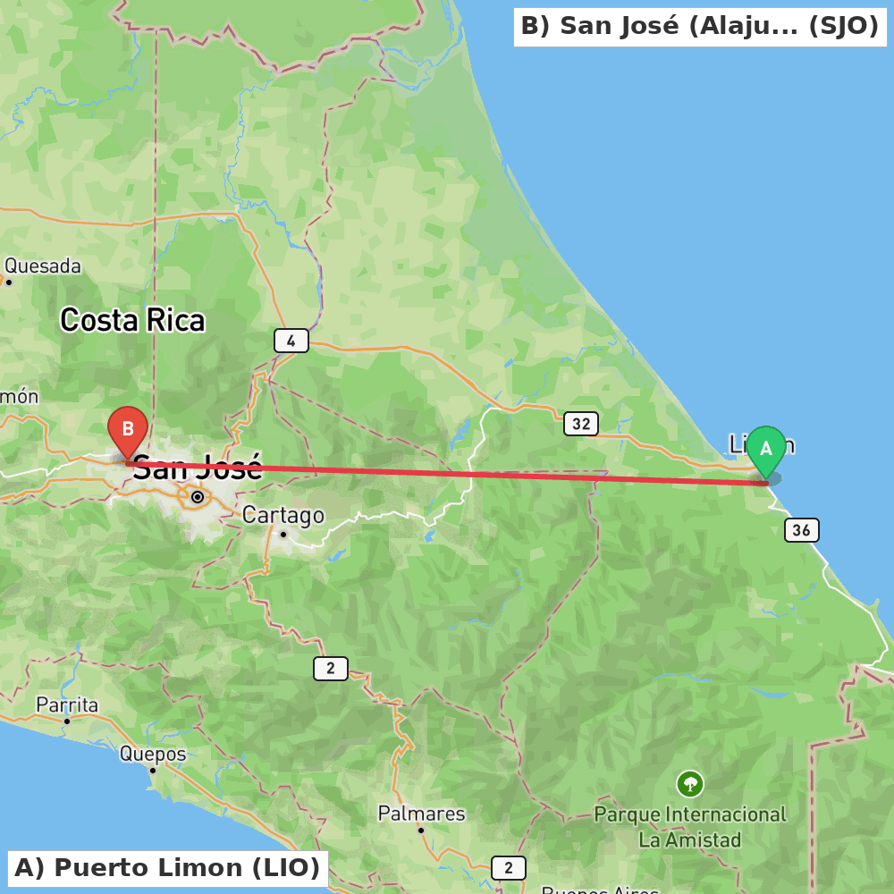 Flight route map from Puerto Limon to San José (Alajuela)