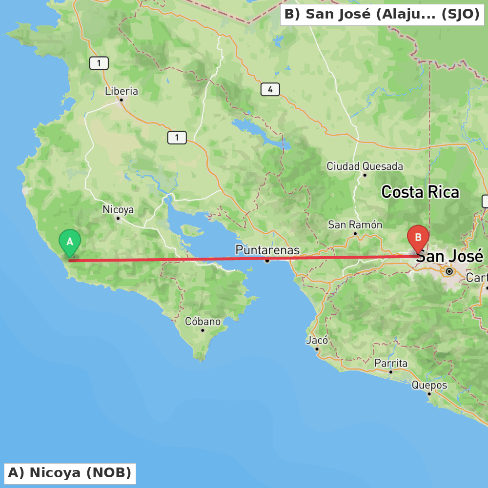 Flight route map from Nicoya to San José (Alajuela)