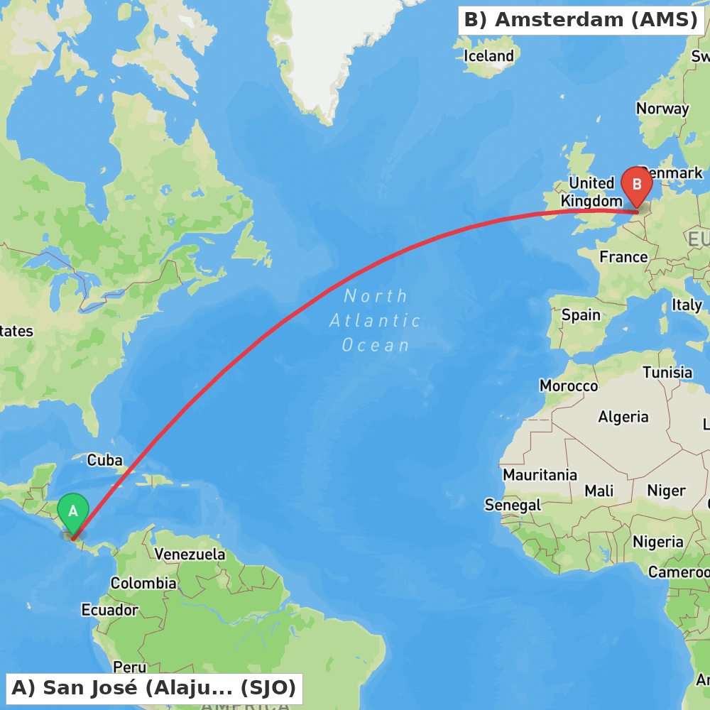 Flight route map from San José (Alajuela) to Amsterdam