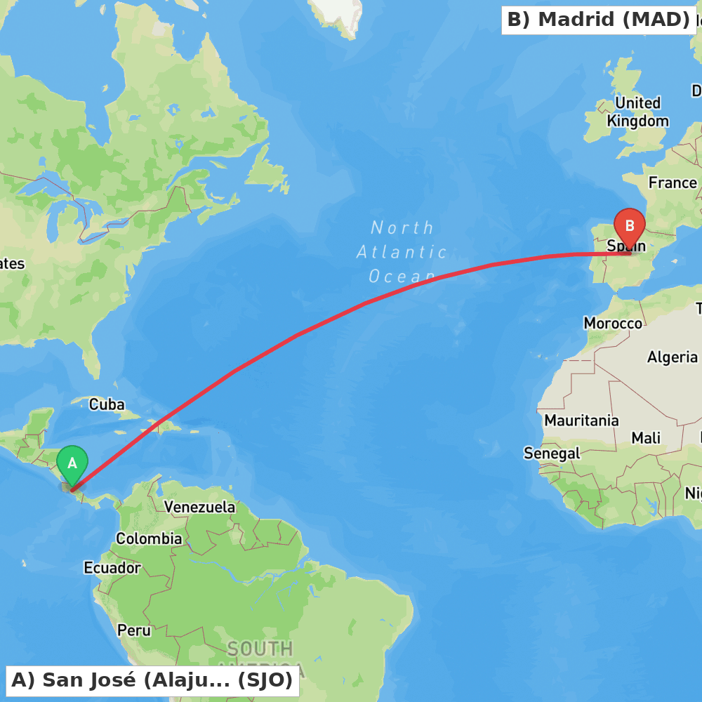Flight route map from San José (Alajuela) to Madrid