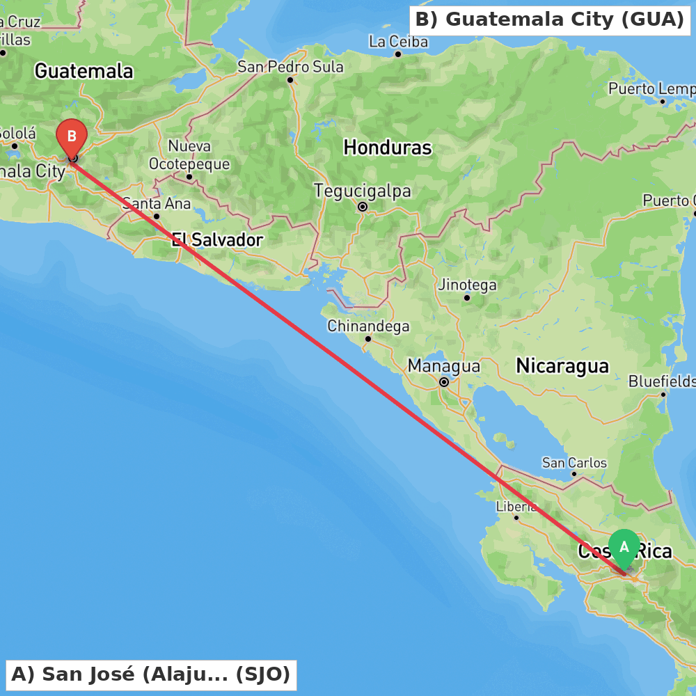 Flight route map from San José (Alajuela) to Guatemala City