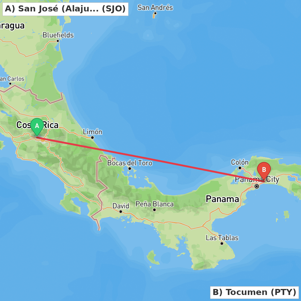 Flight route map from San José (Alajuela) to Tocumen