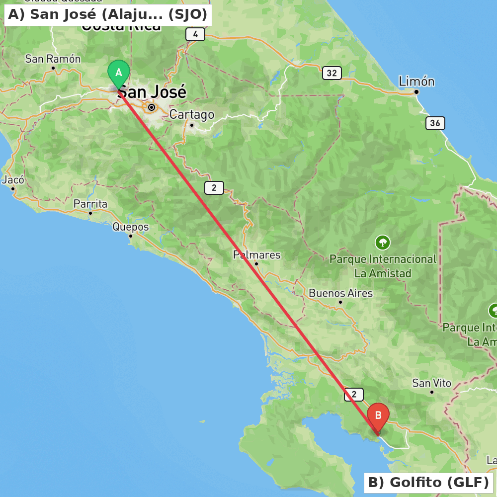 Flight route map from San José (Alajuela) to Golfito