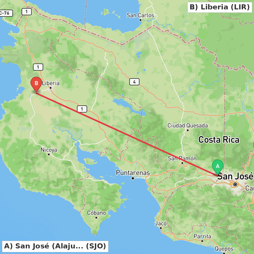 Flight route map from San José (Alajuela) to Liberia