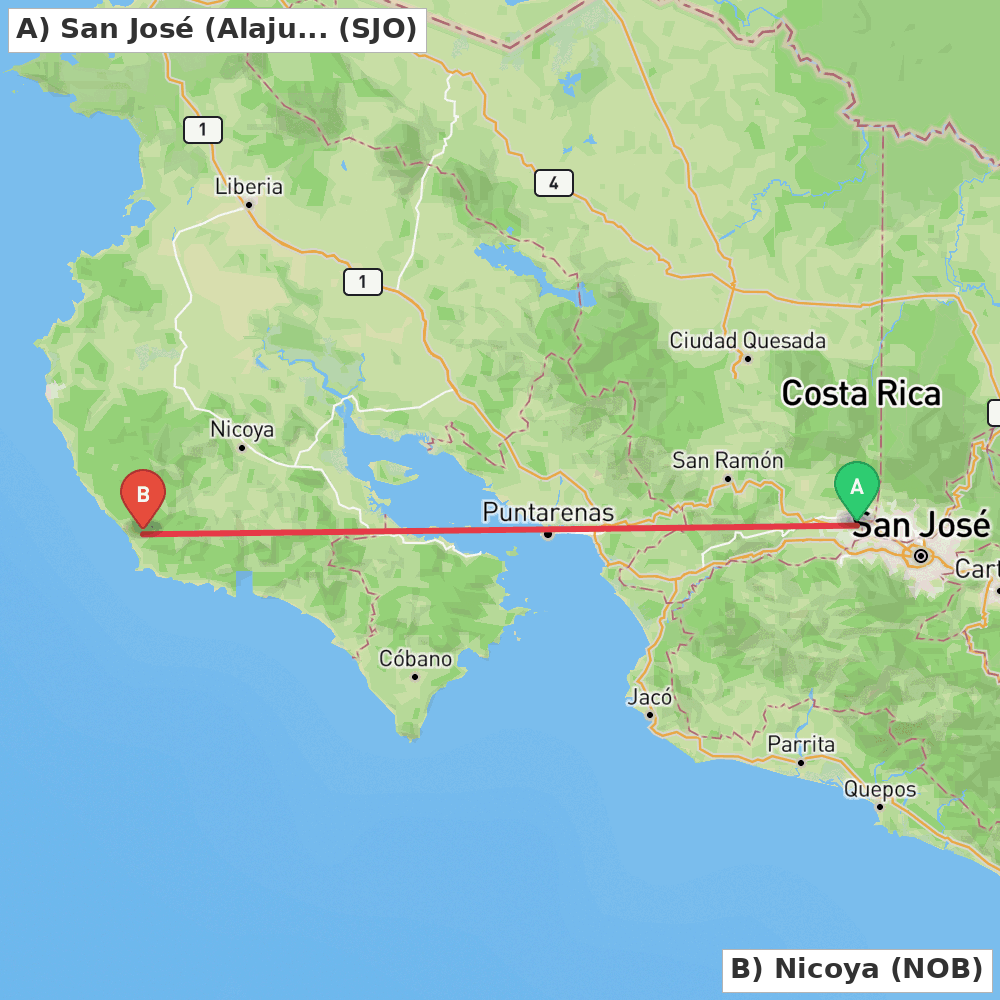 Flight route map from San José (Alajuela) to Nicoya