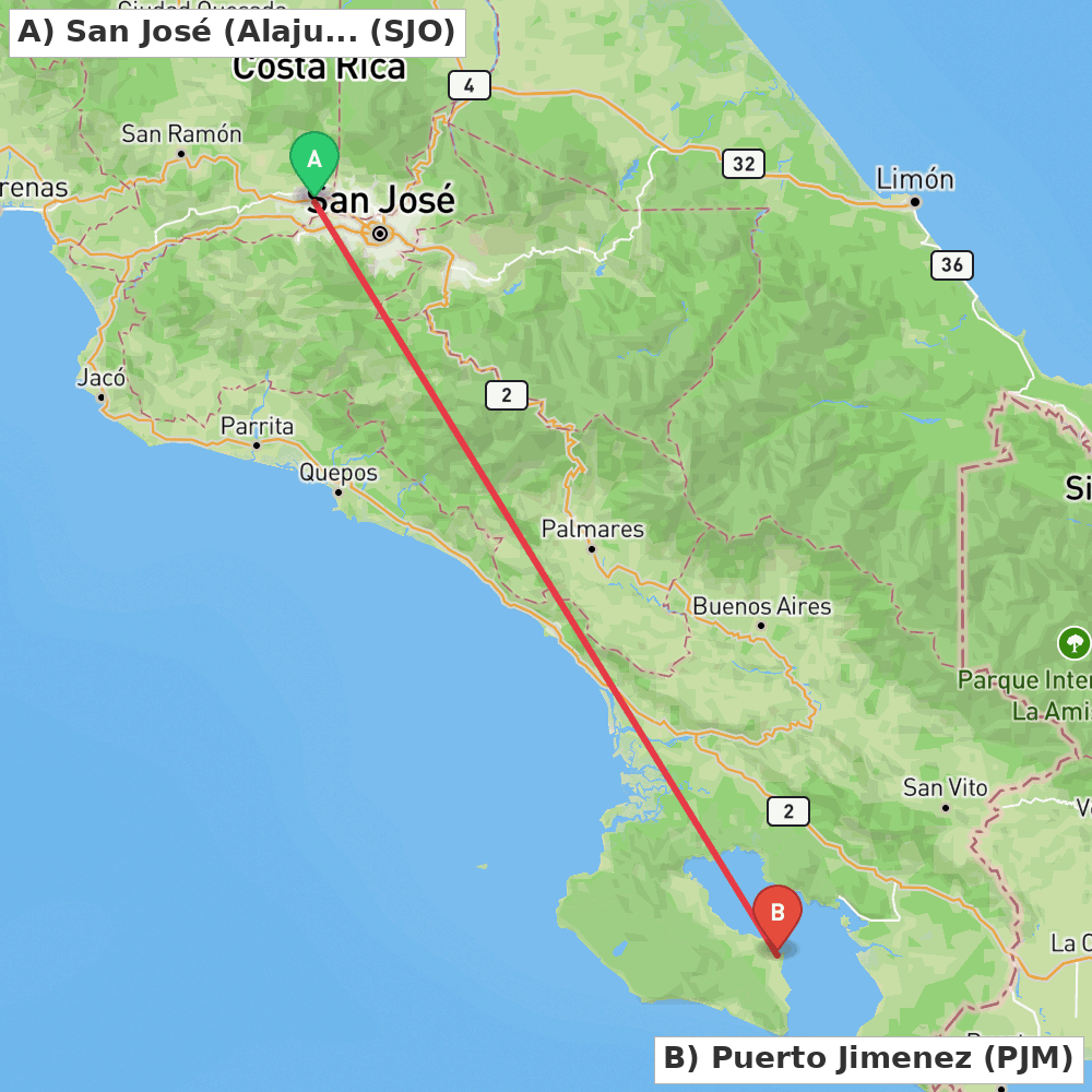 Flight route map from San José (Alajuela) to Puerto Jimenez