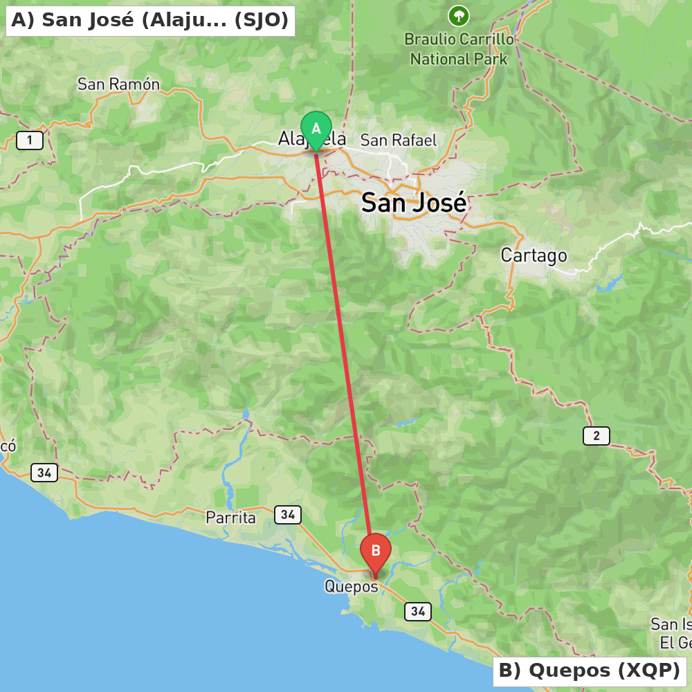 Flight route map from San José (Alajuela) to Quepos