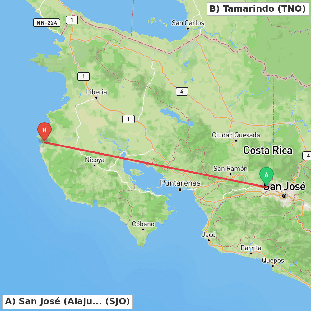 Flight route map from San José (Alajuela) to Tamarindo