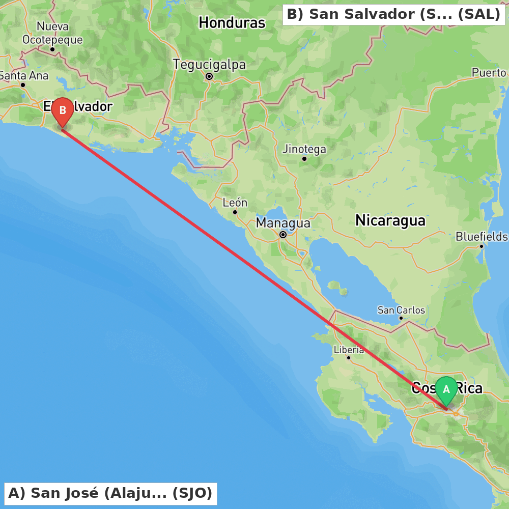 Flight route map from San José (Alajuela) to San Salvador (San Luis Talpa)